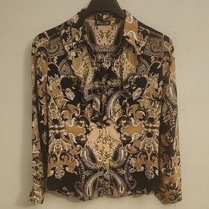 Avenue Black and Tan Graphic Long Sleeve Blouse